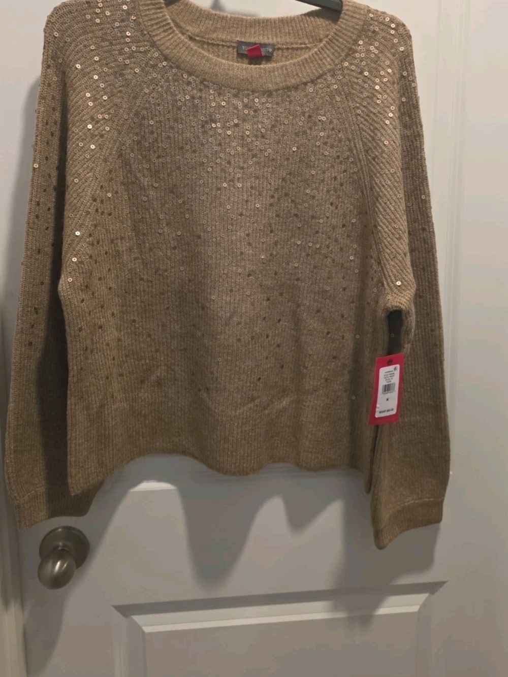 Vince Camuto Tan Sequin Crewneck Sweater
